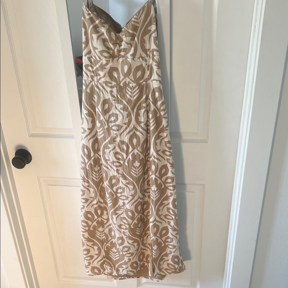 Neutral Beige + White Patterned Maxi Slip Dress